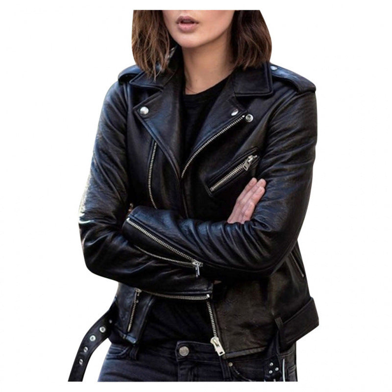 Slim Rivet-Detail Short PU Leather Jacket For Women