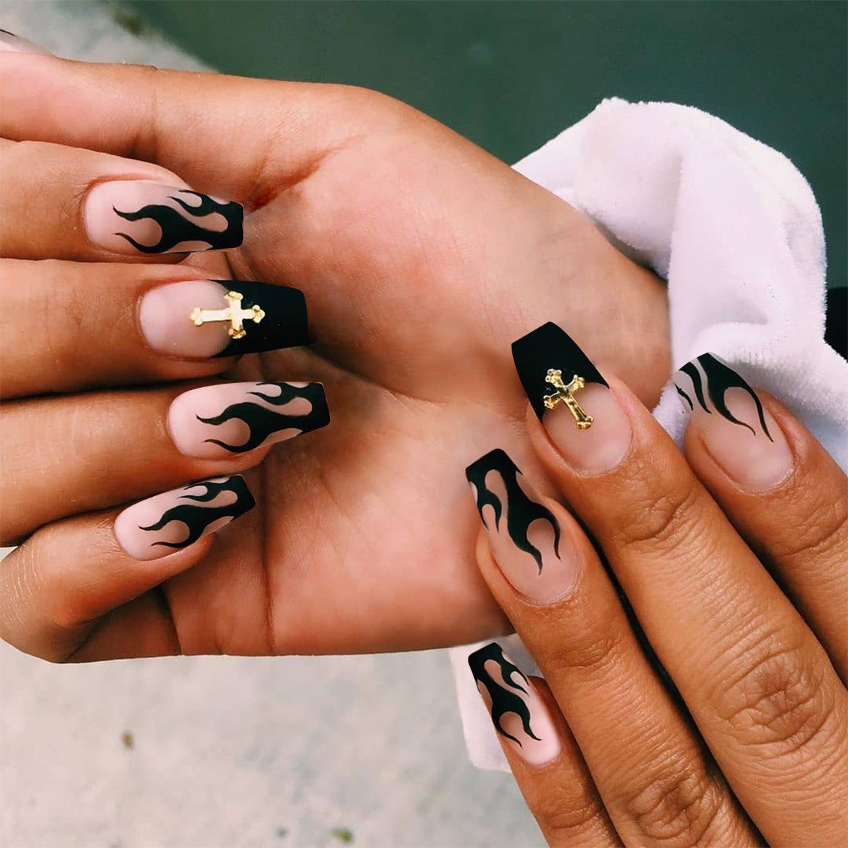 Blunt Ballet Coffin Nails with Black Flames and Gold Cross Charms-Theone Apparel
