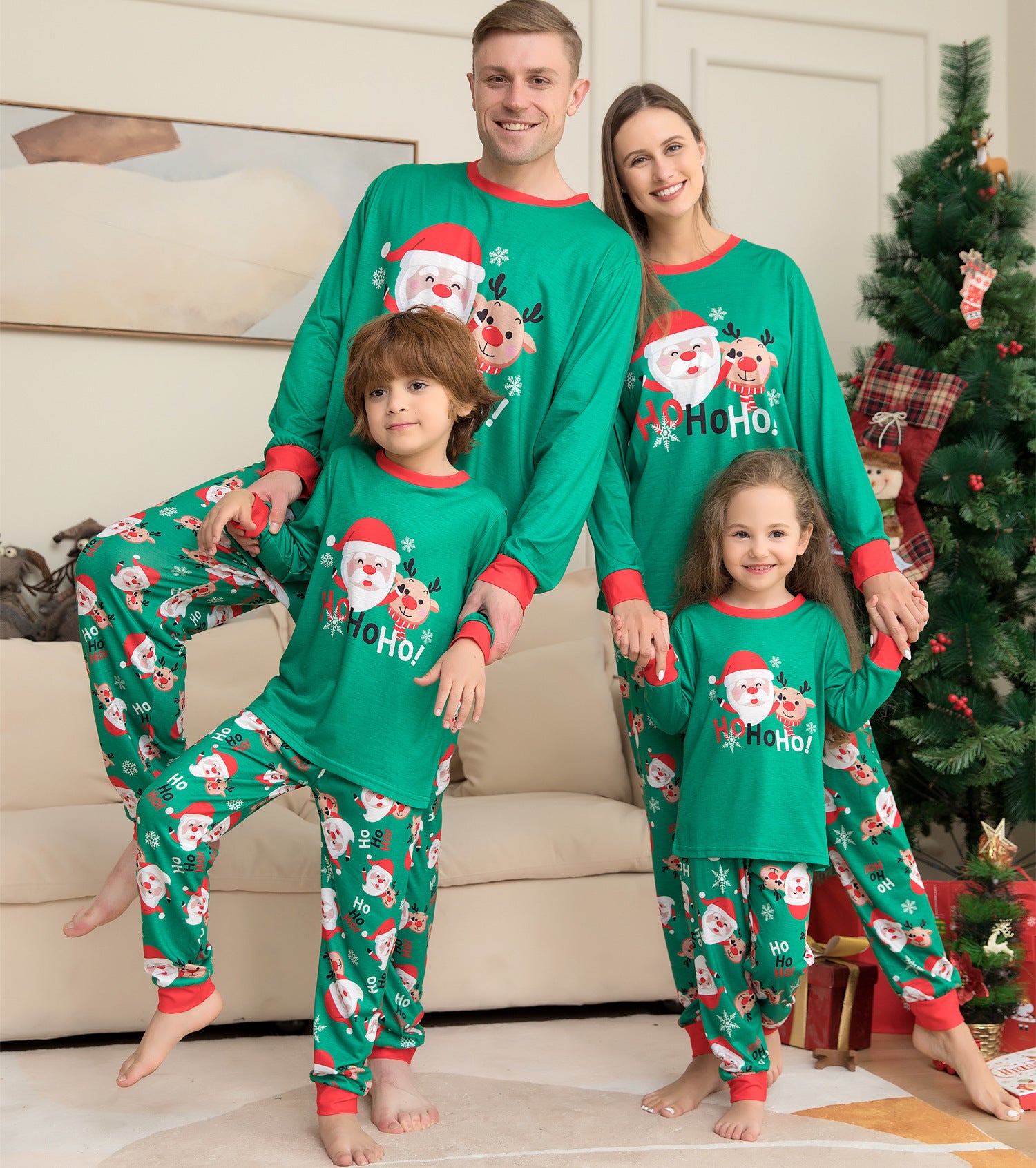 Ho Ho Ho Green and Red Matching Family Christmas Pajama Set-Theone Apparel