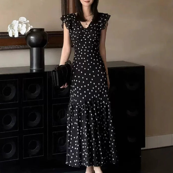 Sleek Black Polka Dot Dress with French-Inspired Slim Fit-Theone Apparel
