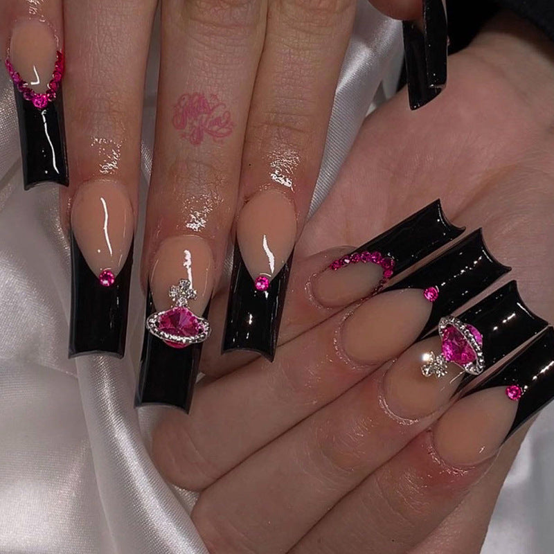 Women's Long French Nail Casket Shaped Nail Set with Rhinestones-Theone Apparel