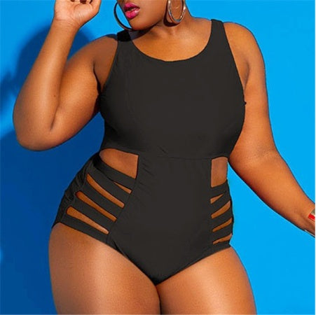 Women's Plus Sized One Piece Swimsuit with Sheer Midriff-Black-Theone Apparel