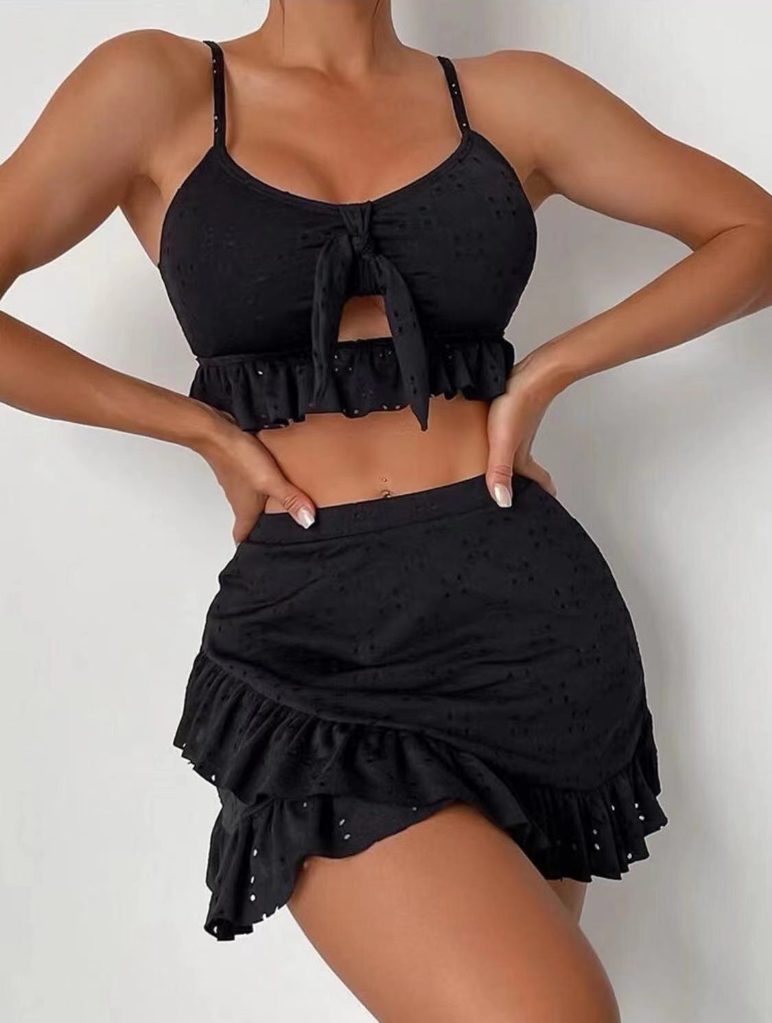 Women's Three Piece Bikini Set with Hip-Hugging Skirt-Black-Theone Apparel
