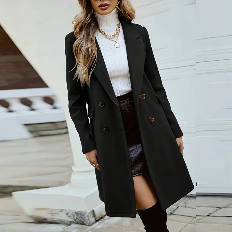 Women's Solid Color Double-Breasted Wool-Like Coat Notch Lapel Long Sleeve Mid-Length Overcoat With Pockets