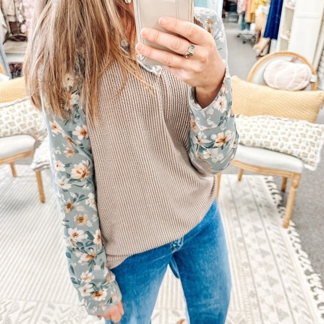 Khaki Ribbed Floral Patchwork Long Sleeve Top For Women