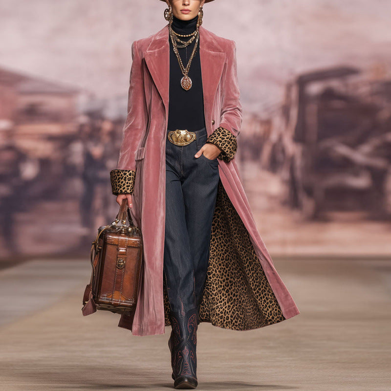 Patchwork Gold Velvet Long Coat With Lace Contrast Panels