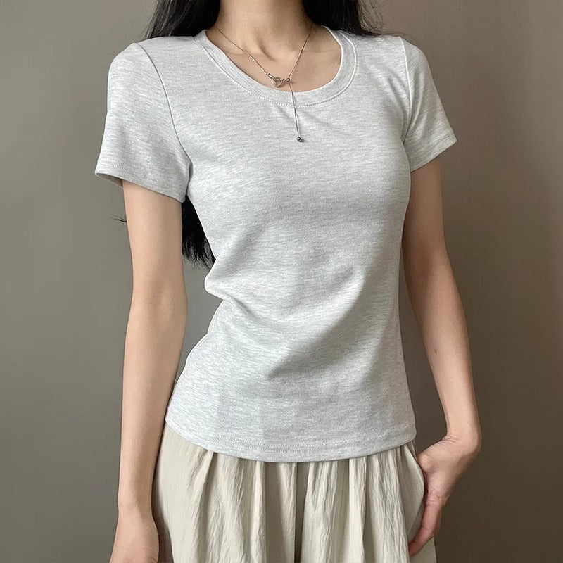 Solid Color Korean Style All-match U-collar Bottoming Top Women's Summer Cotton Short Sleeve Shoulder T-shirt Women