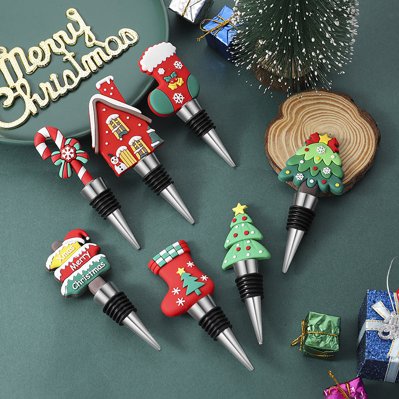 Festive Christmas-Themed PVC & Aluminum Wine Bottle Stopper in Assorted Styles