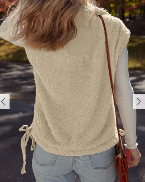 Cinnamon Faux Fur Snap-front Knot Side Plush Vest With Pockets