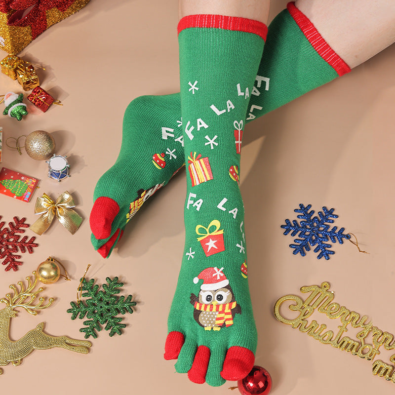 Lightweight Soft Crew Socks with Five Toes in Christmas Patterns