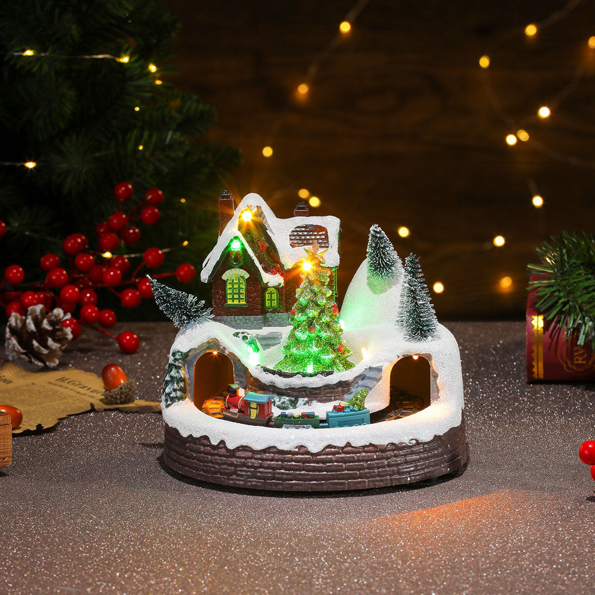 Wintry Village with Moving Train and LED Light Designs