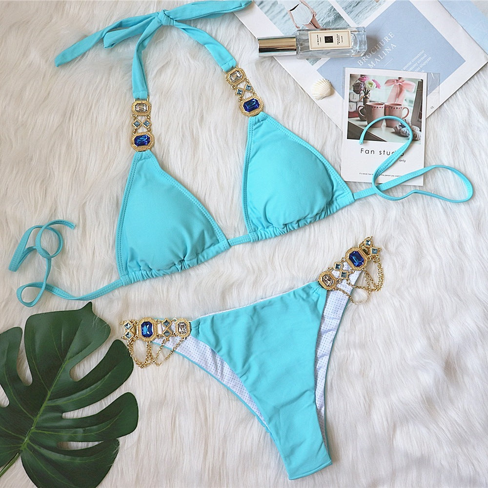 Dames tweedelige solide kleuren bikini met metalen details