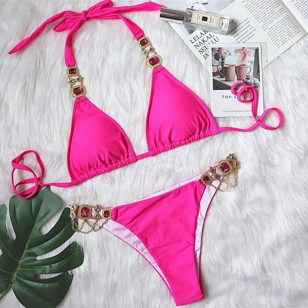 Dames tweedelige solide kleuren bikini met metalen details