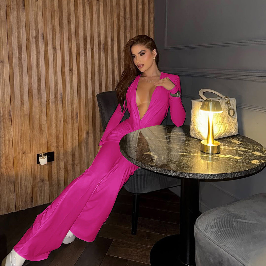 New Women's Fashion Sexy Deep V Long Sleeve Slim Fit Flared Jumpsuit