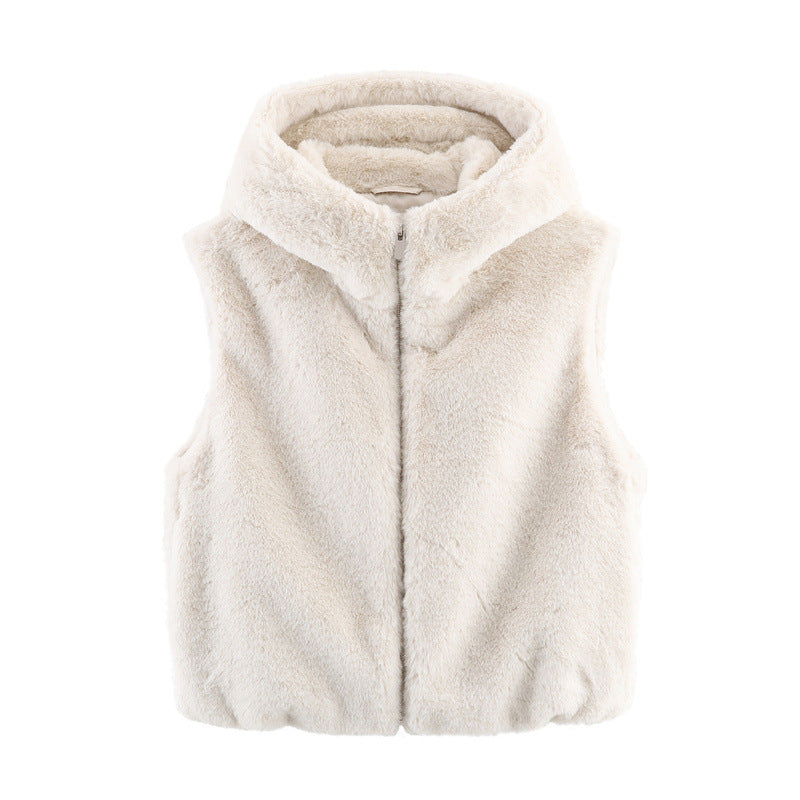 European And American Style Fashionable Hooded Faux Fur Effect Vest