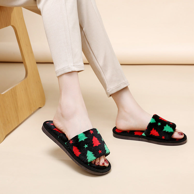 Multicolor Christmas Themed Fleece Open Toed House Shoes