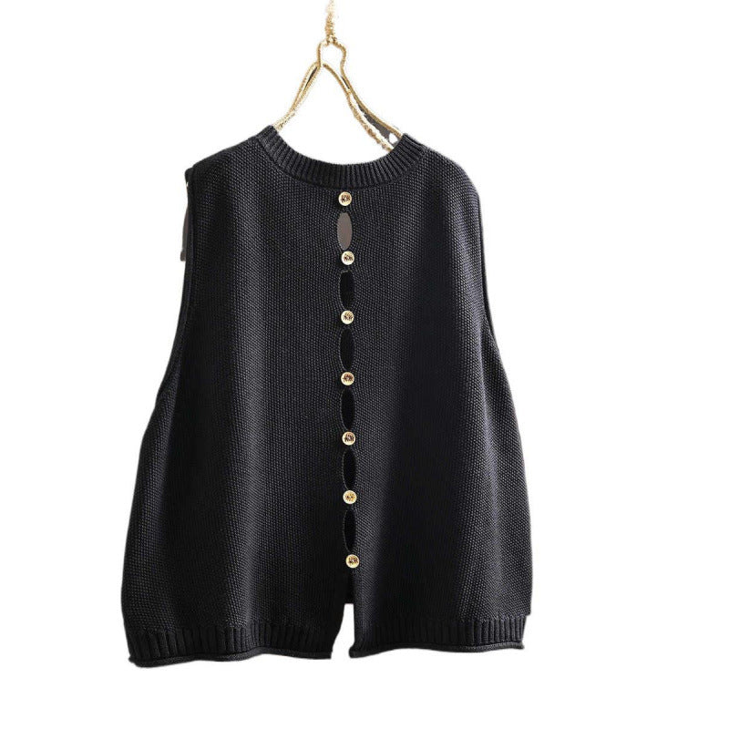 Back Buttoned Cotton Thread Knitted Vest Women