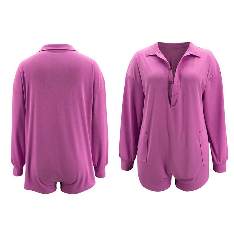 Long Sleeve Solid Color Pocket Jumpsuit Casual Home Wear