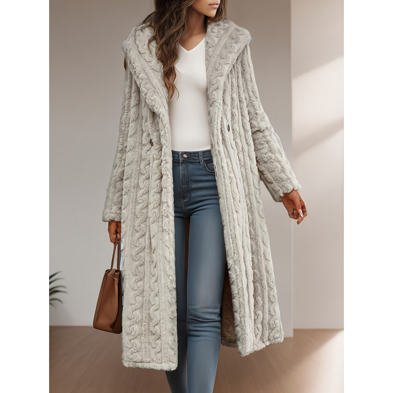 Fashion Long Solid Color Long Sleeve Hooded Wool Women's Coat