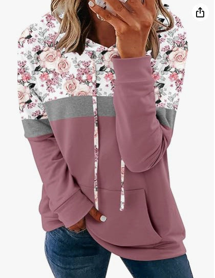 New Women's Casual Color-block Striped Hooded Sweatshirt