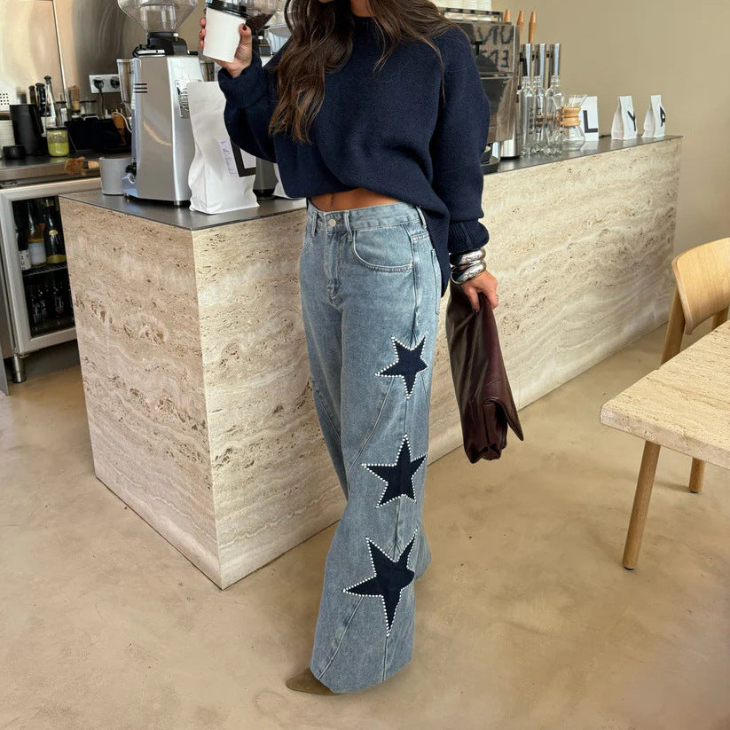 Fashion Casual Five-pointed Star Loose Straight Leg Denim Pants