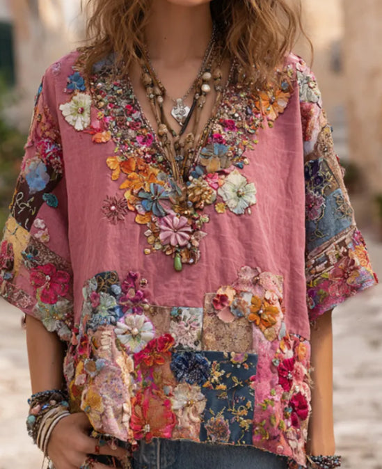 Retro Color-blocked Casual V-neck Mid-sleeve Top