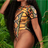 Women’s One Piece Mixed Animal Print Short Sleeve Swimsuit