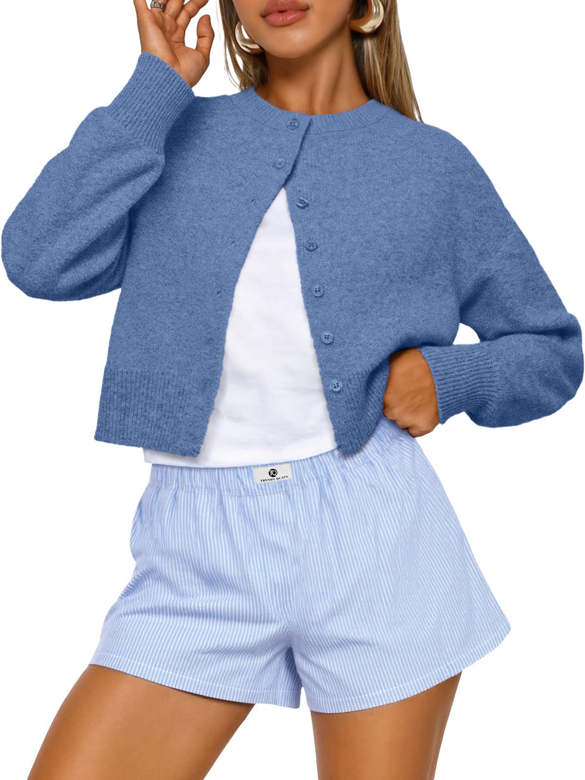 Buttoned Long-sleeve Crew-neck Solid-color Cropped Knit Sweater