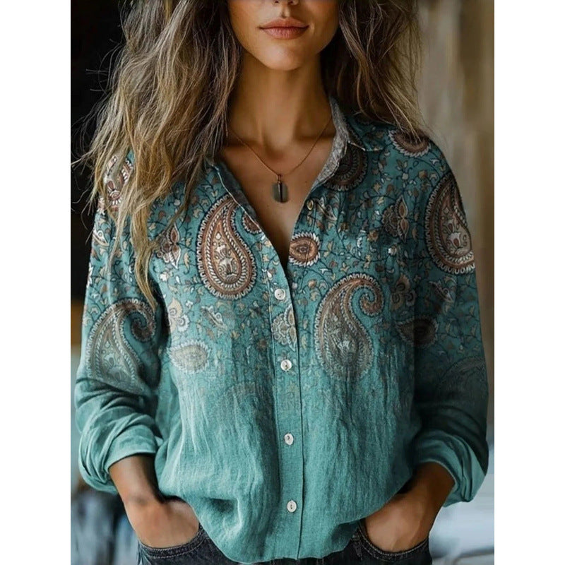 Retro Print Long Sleeve Casual Shirt