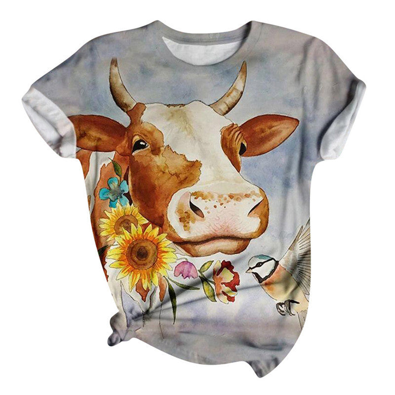 Bull-Head Print Crew Neck Short Sleeve T-Shirt For Women