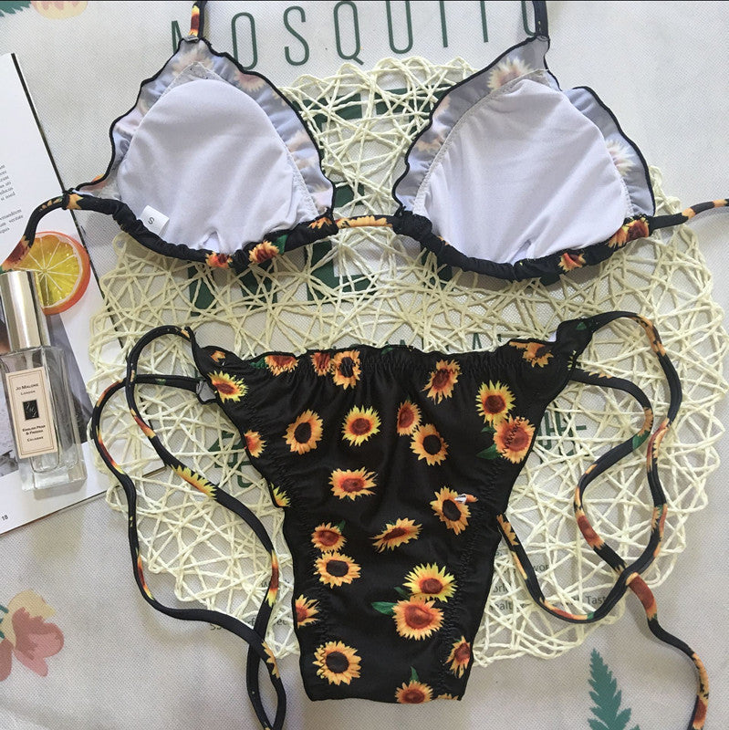 Women's Two Piece Black and Yellow Sunflower Print Bikini