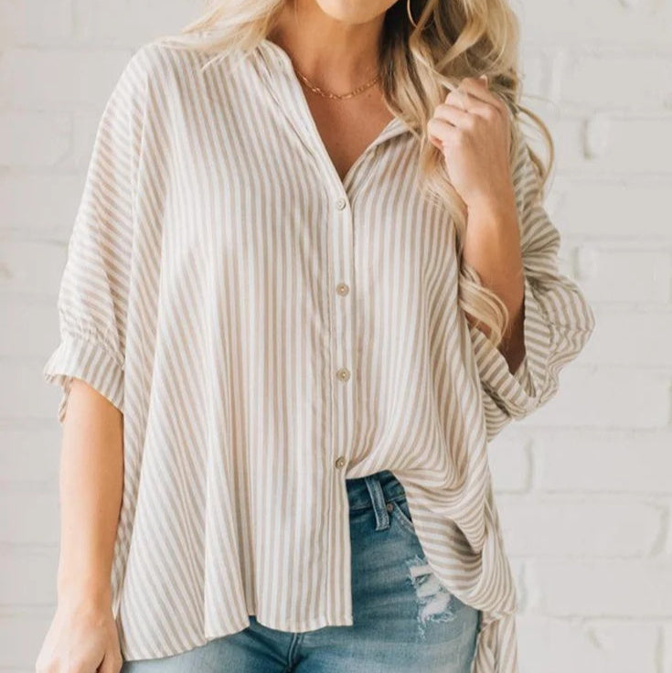 Women's Striped Fashionable Loose-fit Three-quarter-sleeve Shirt