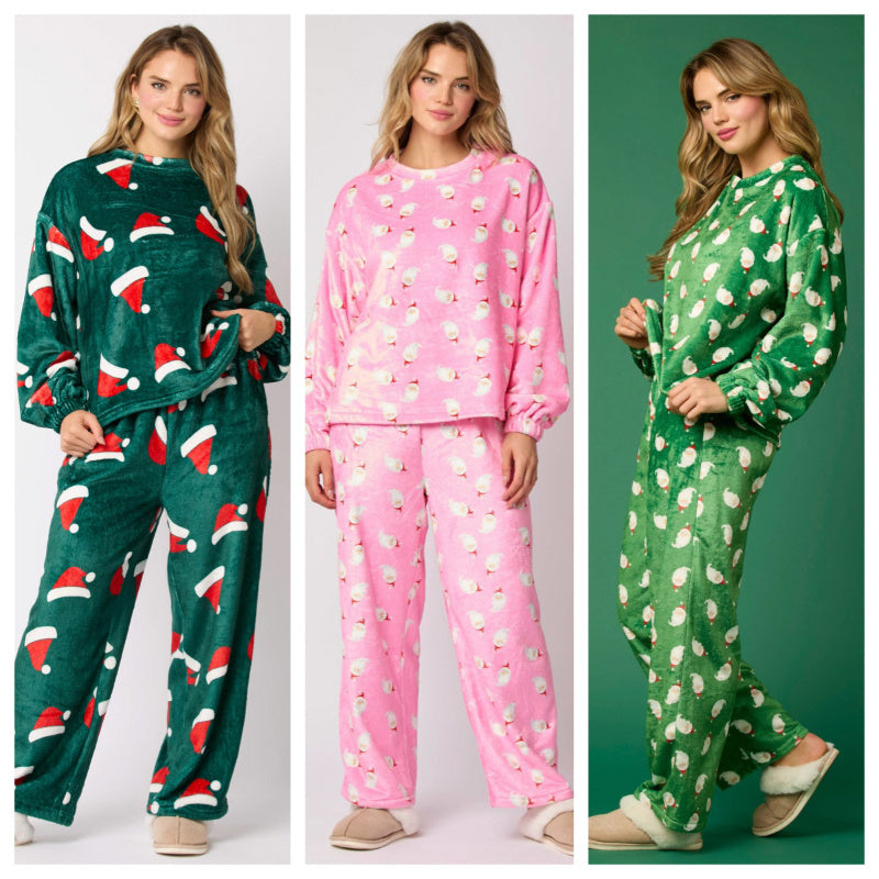 Dames fluweelachtige kerstman hoed Patroon tweedelig pyjama -set