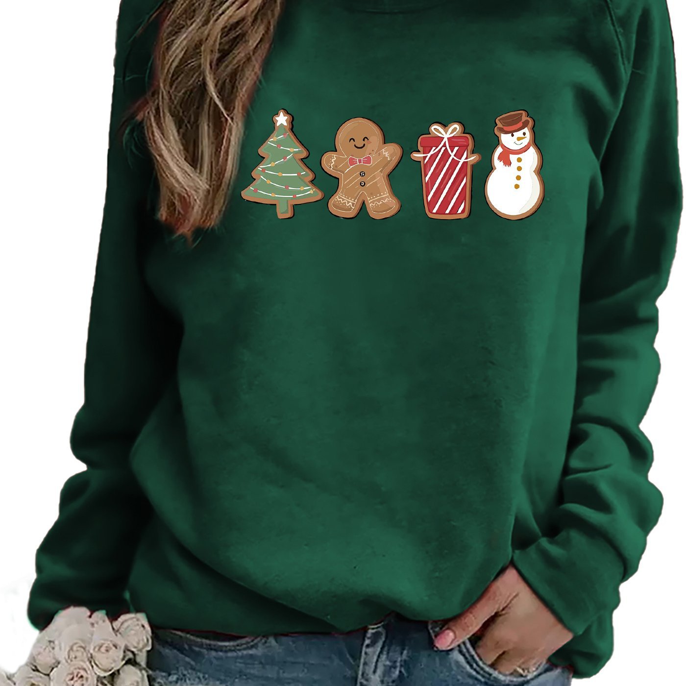 Snowman And Gingerbread Man Printed Sweater Comfortable And Casual