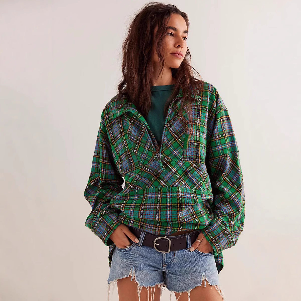 Women's Half-zip Flip Collar Loose Pocket Plaid Long Sleeve Shirt