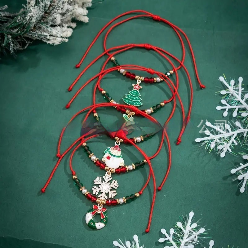 5-Piece Christmas Ribbon & Bead Bracelet Set With Tree, Bell, Snowflake, Wreath & Snowman