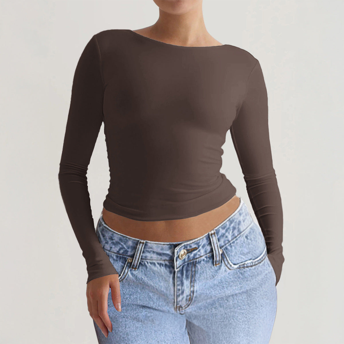 Chic Slim-fit Long-sleeve Solid-color Base T-shirt For Women