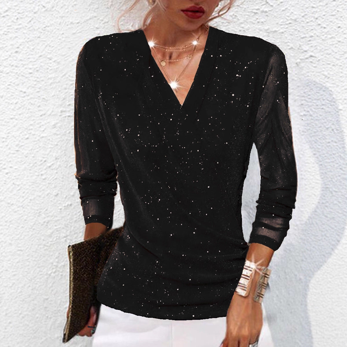 Chic Mesh V Neck Long Sleeve Top For Women