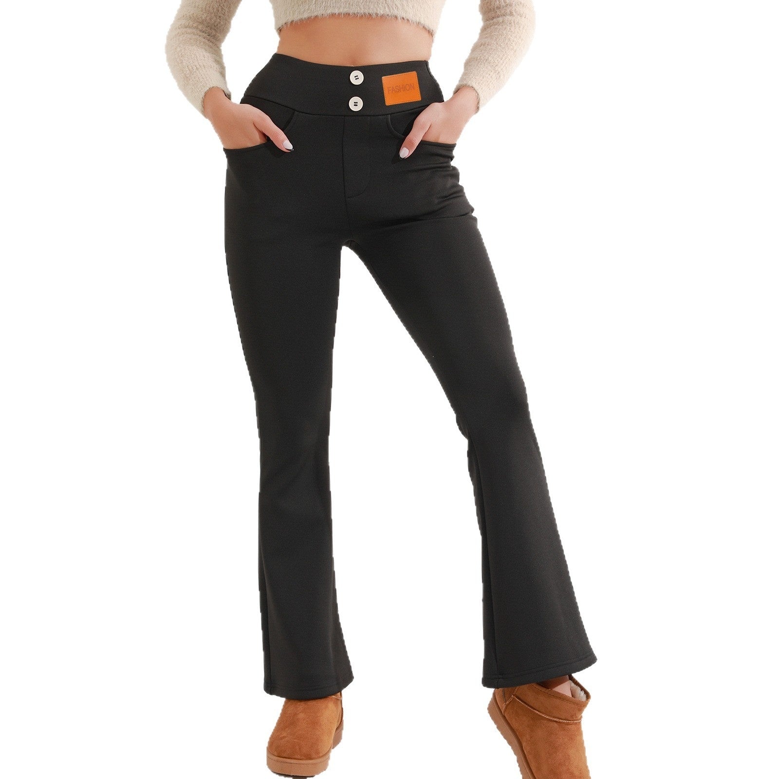 High-Waist Brushed Slim Fit Commuter Pants With Button Detail
