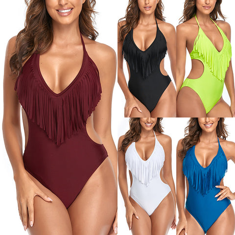 Women's One Piece Swimsuit with Tassels and Side Cutouts