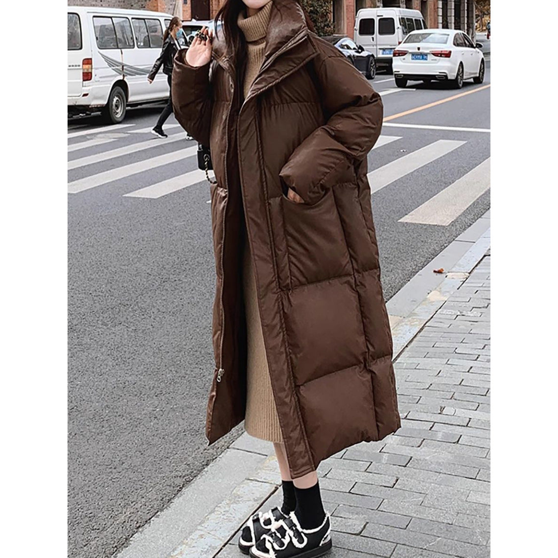 Coffee-colored Vintage Mid-length Padded Puffer Jacket