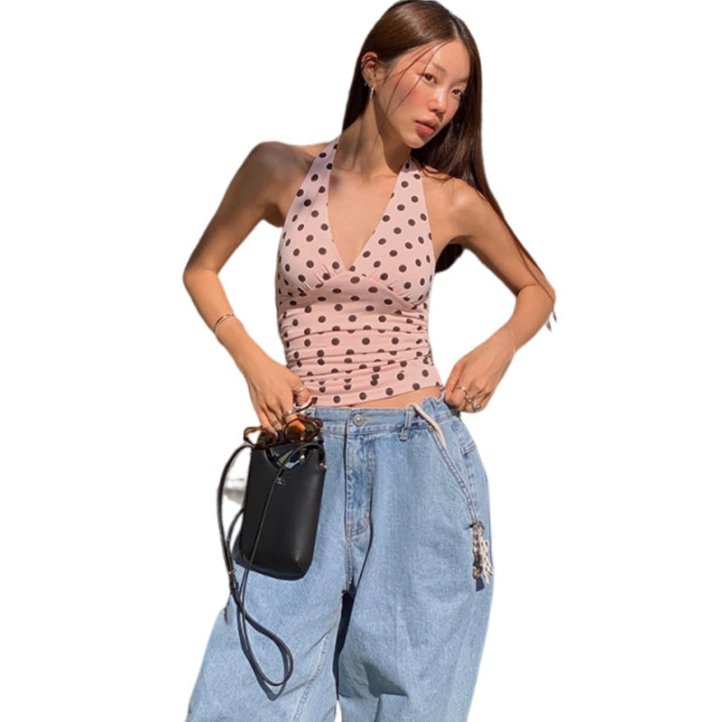 Sexy Black Polka-Dot Printed All-Match Backless V-Neck Halter Neck Bodycon Tank Top