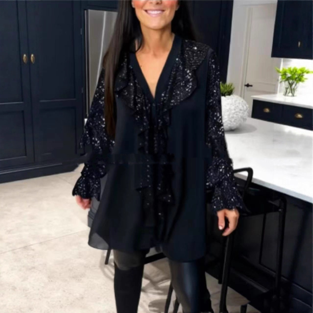 Sequin Patchwork Women's Round Neck Loose Women's Top Versatile