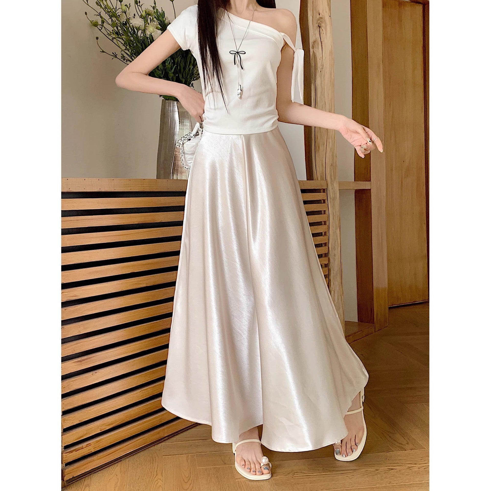 Acetate Satin Draped Skirt For Casual Versatile Styling-Theone Apparel