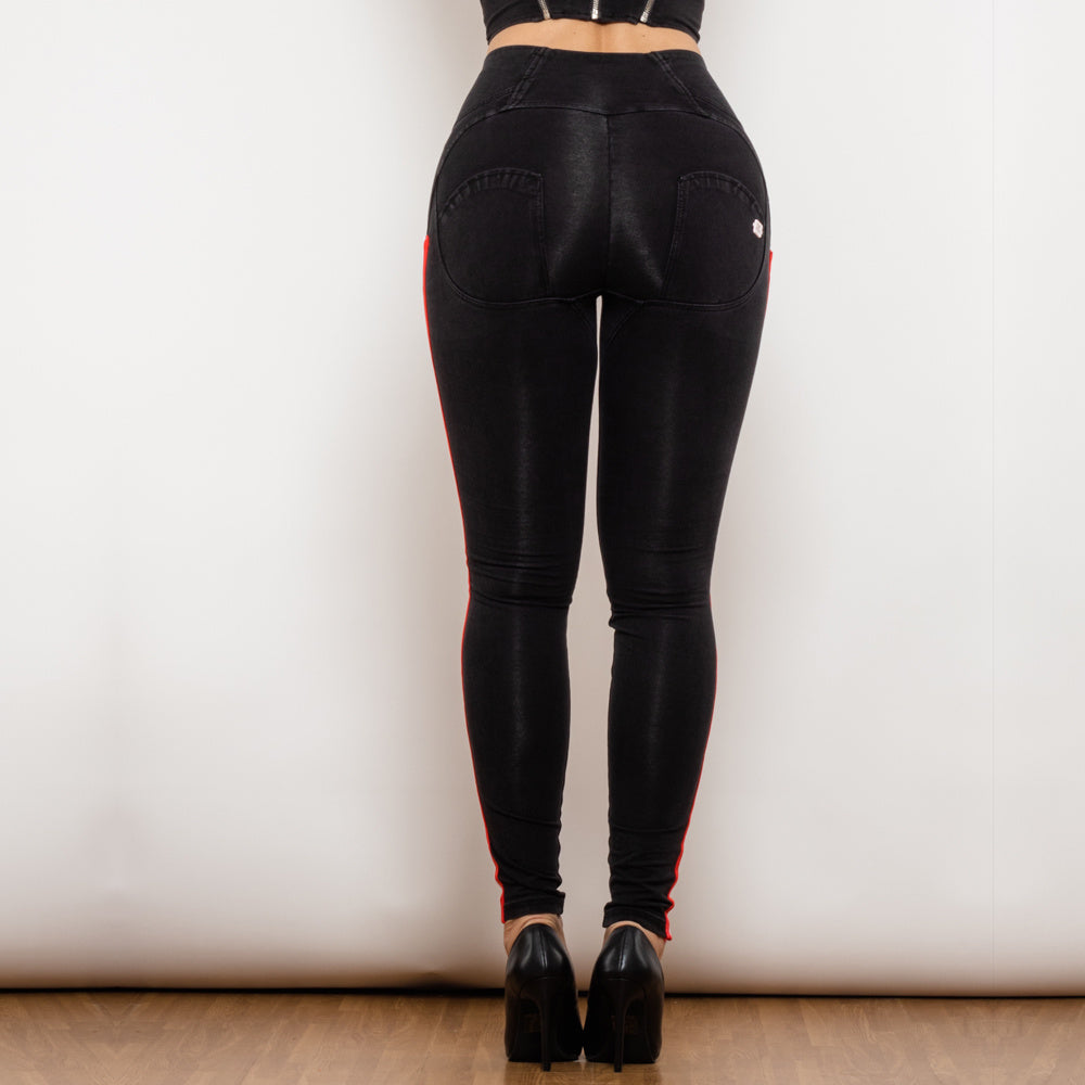 Black Stretch Pencil Jeggings with Striped Slim Design-Theone Apparel