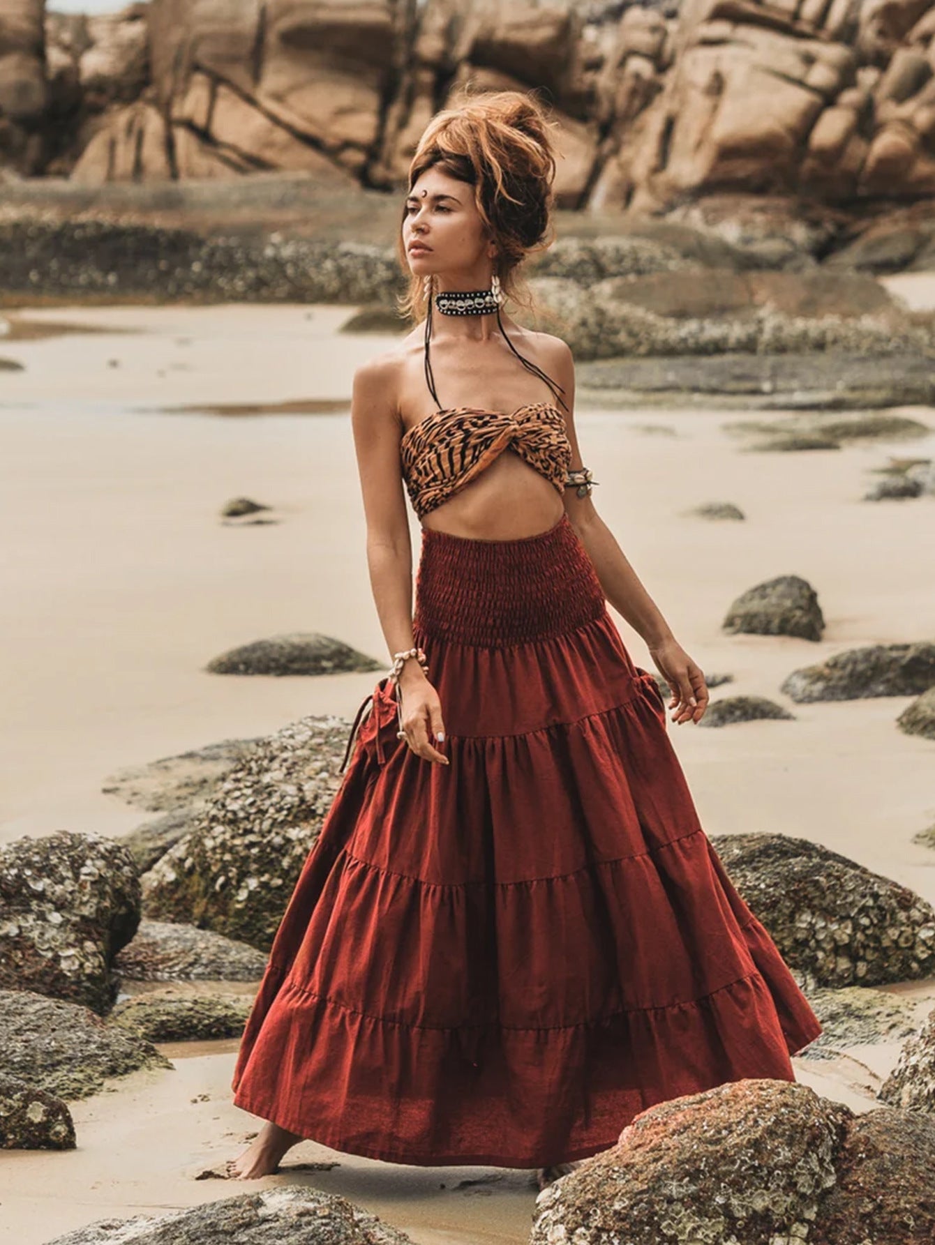 Bohemian Loose Solid Skirt For Relaxed Everyday Comfort-Purplish Red-Theone Apparel