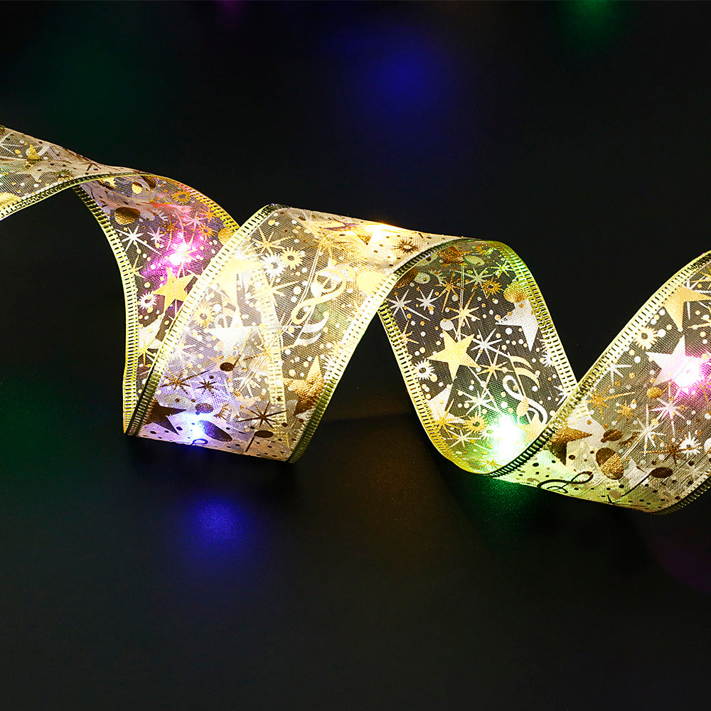 Christmas Ribbon Garland for Trees with LED Lights Built In-Colorful Gold-Theone Apparel