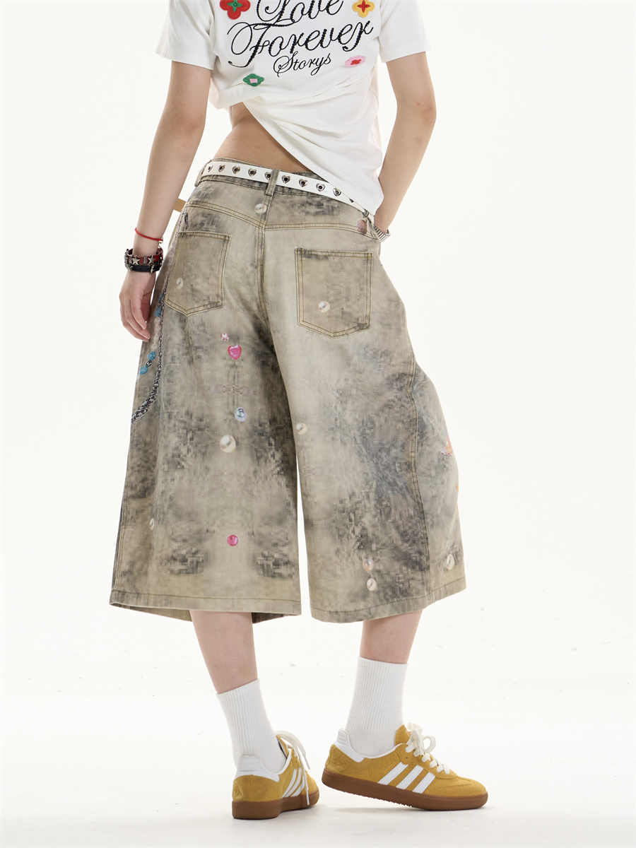 Creative Cropped Wide-Leg Jeans with Printed Art Flourish-Theone Apparel