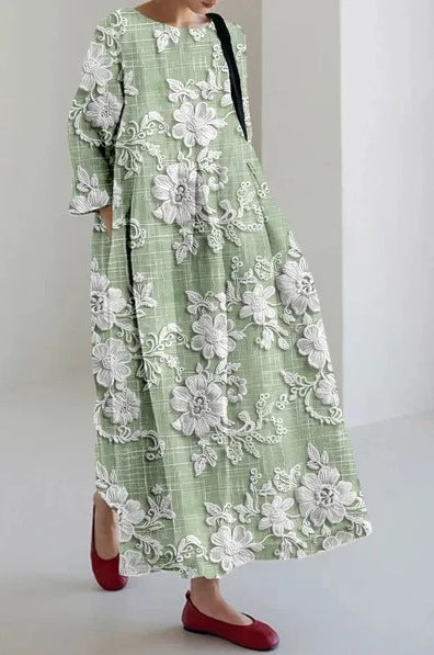 Creative Three-Quarter Sleeve Floral Dress with Relaxed Silhouette-Light Green-Theone Apparel