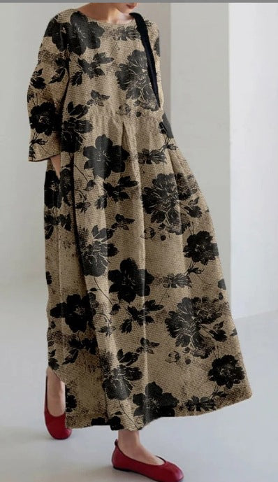 Creative Three-Quarter Sleeve Floral Dress with Relaxed Silhouette-Brown-Theone Apparel